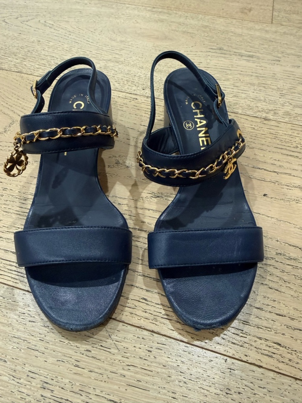 CHANEL Navy Leather Slingback Sandals with Gold Chain Trim